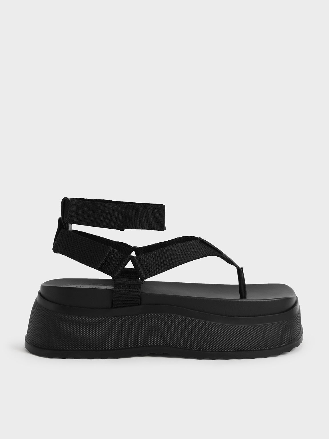 Joss Ankle-Strap Flatform Thong Sandals, Black, hi-res