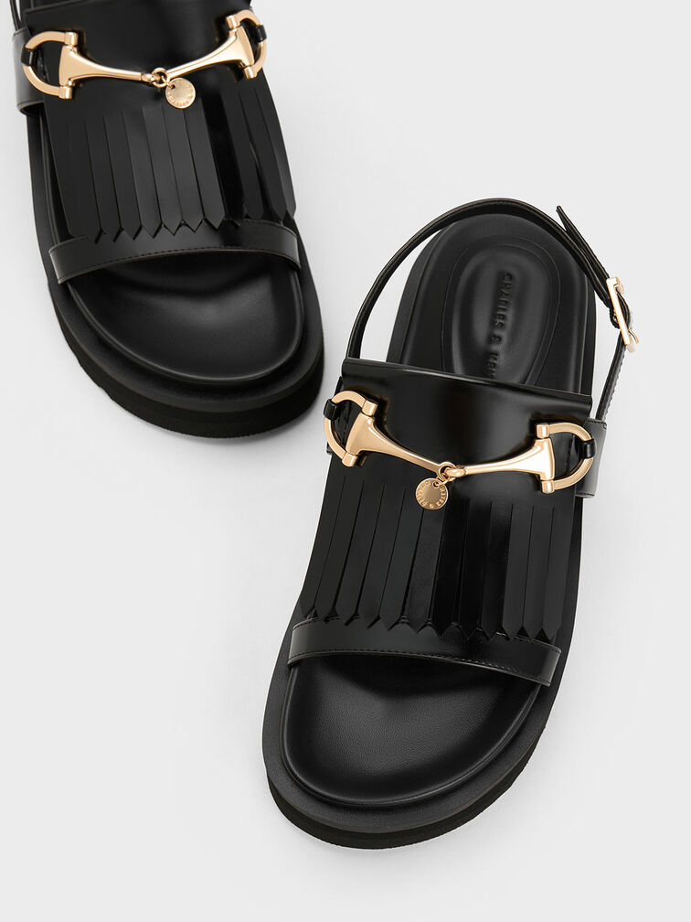 Horsebit & Fringe Platform Sandals, Black Box, hi-res