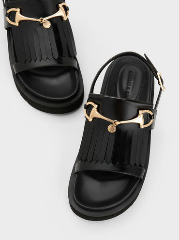 Horsebit & Fringe Platform Sandals, Black Box, hi-res