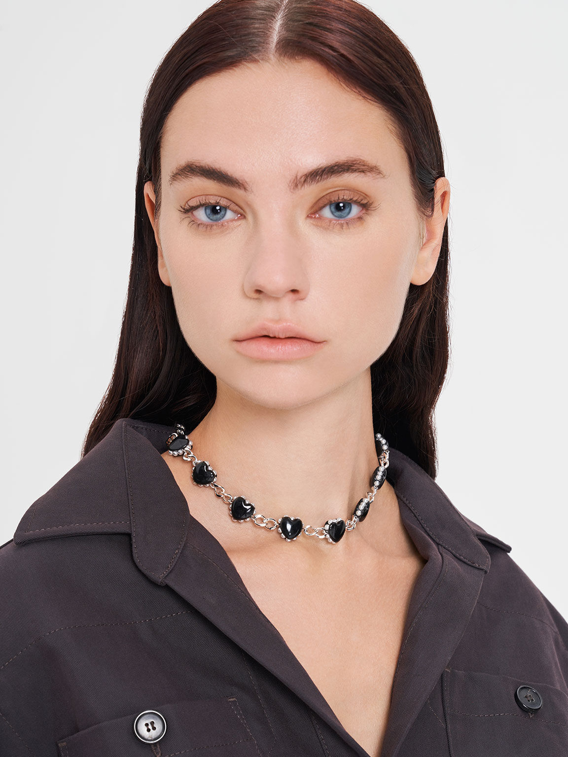 Heart Motif Choker Necklace, Black, hi-res
