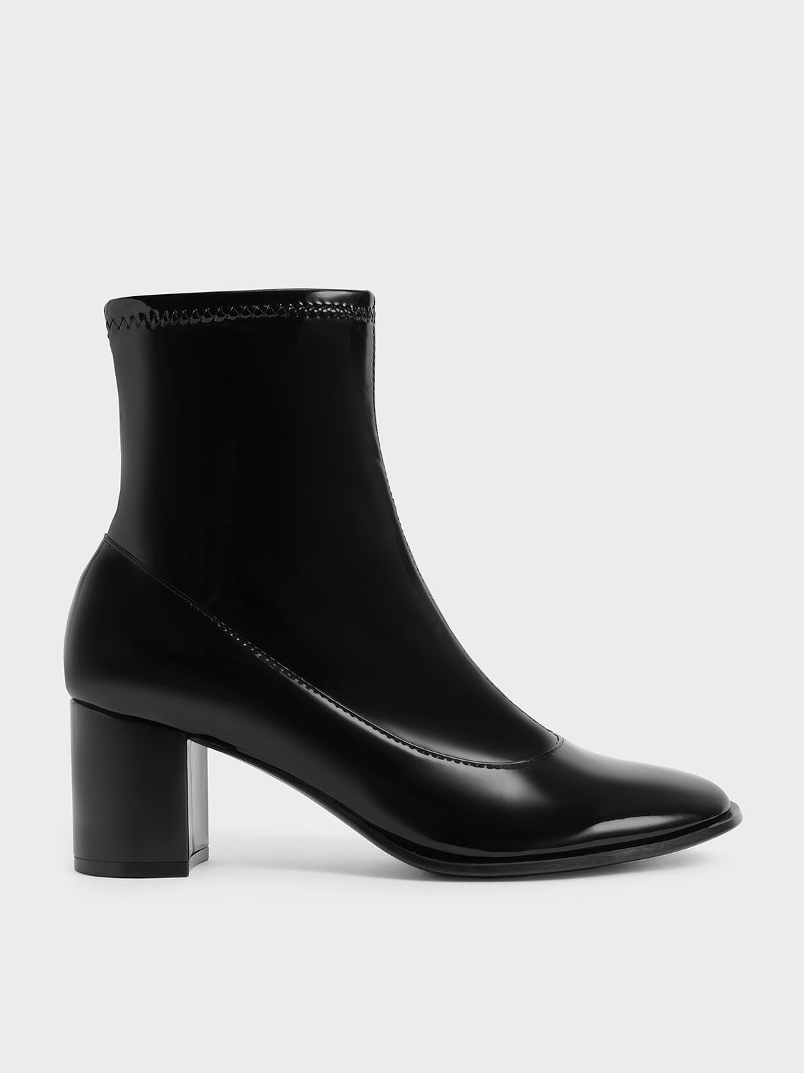 Patent Block Heel Side-Zip Ankle Boots, Black Satin, hi-res