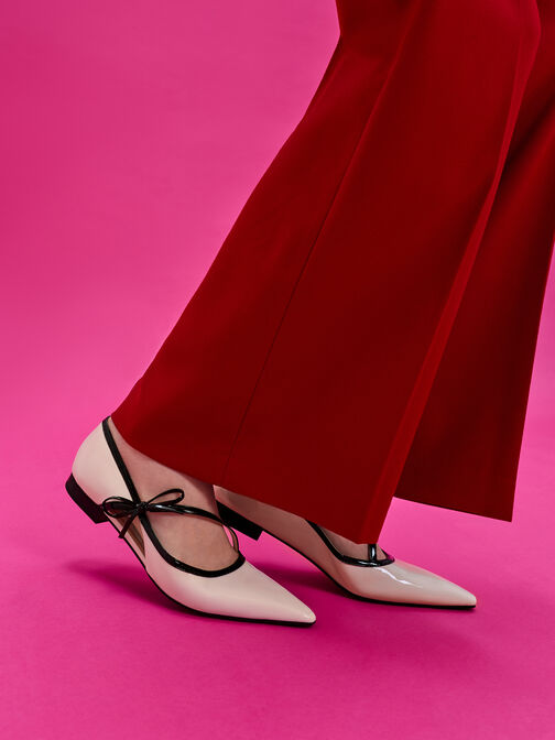 Patent Contrast-Trim Pointed-Toe Bow-Strap Flats, Chalk, hi-res
