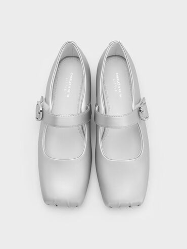 Girls' Pearlescent Crystal-Buckle Square-Toe Mary Jane Flats, Silver, hi-res