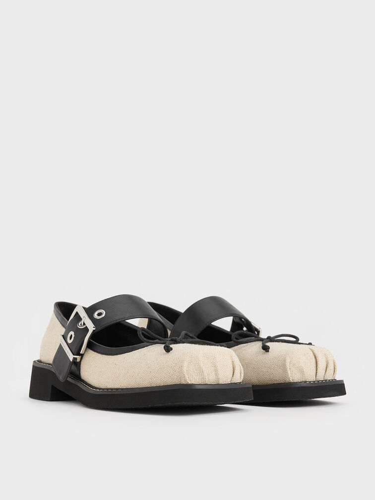 Mary Janes com laço de linho e fivela, Beige, hi-res