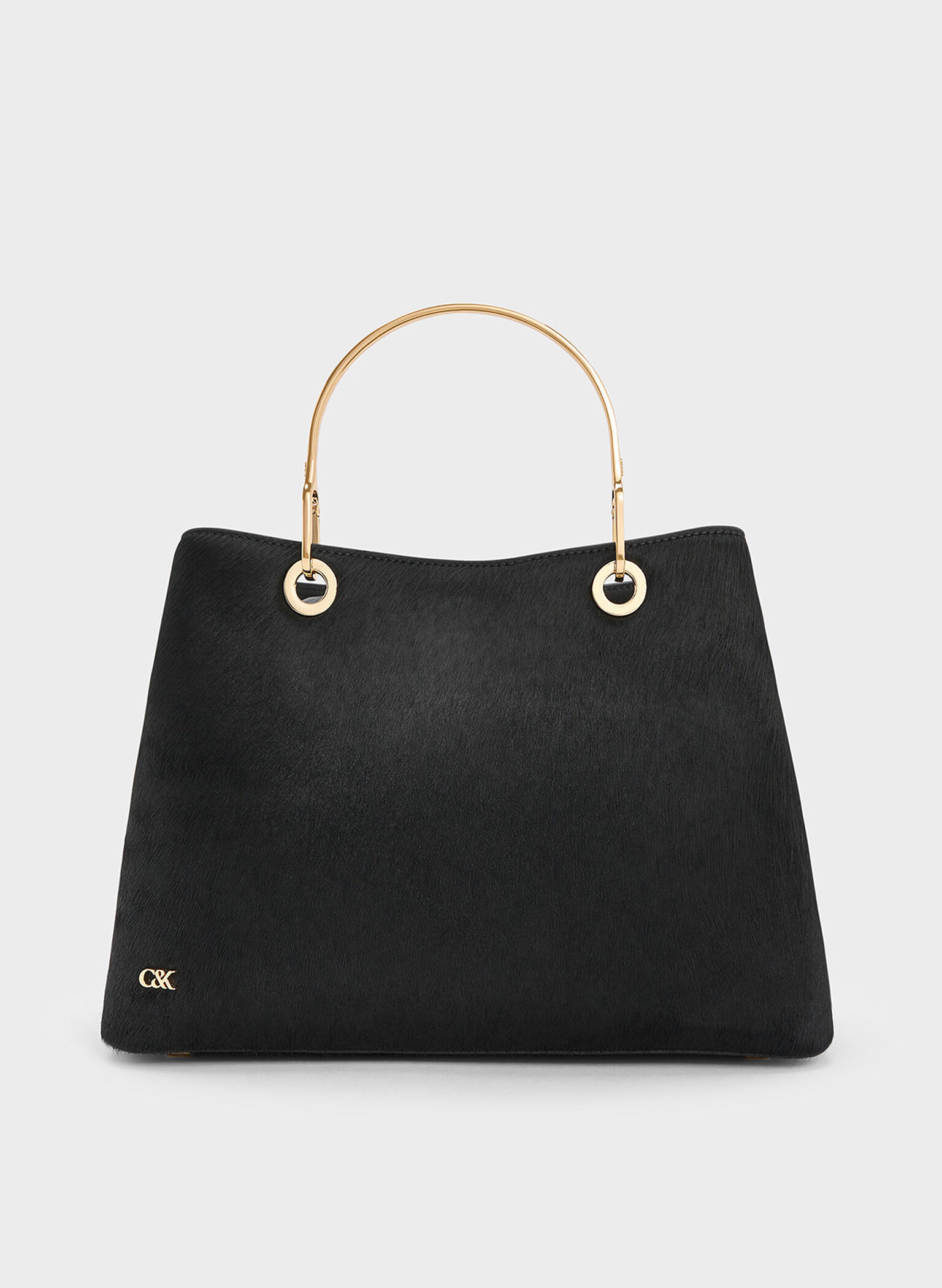 Bolso rectangular anillado de piel con asa, Negro, hi-res