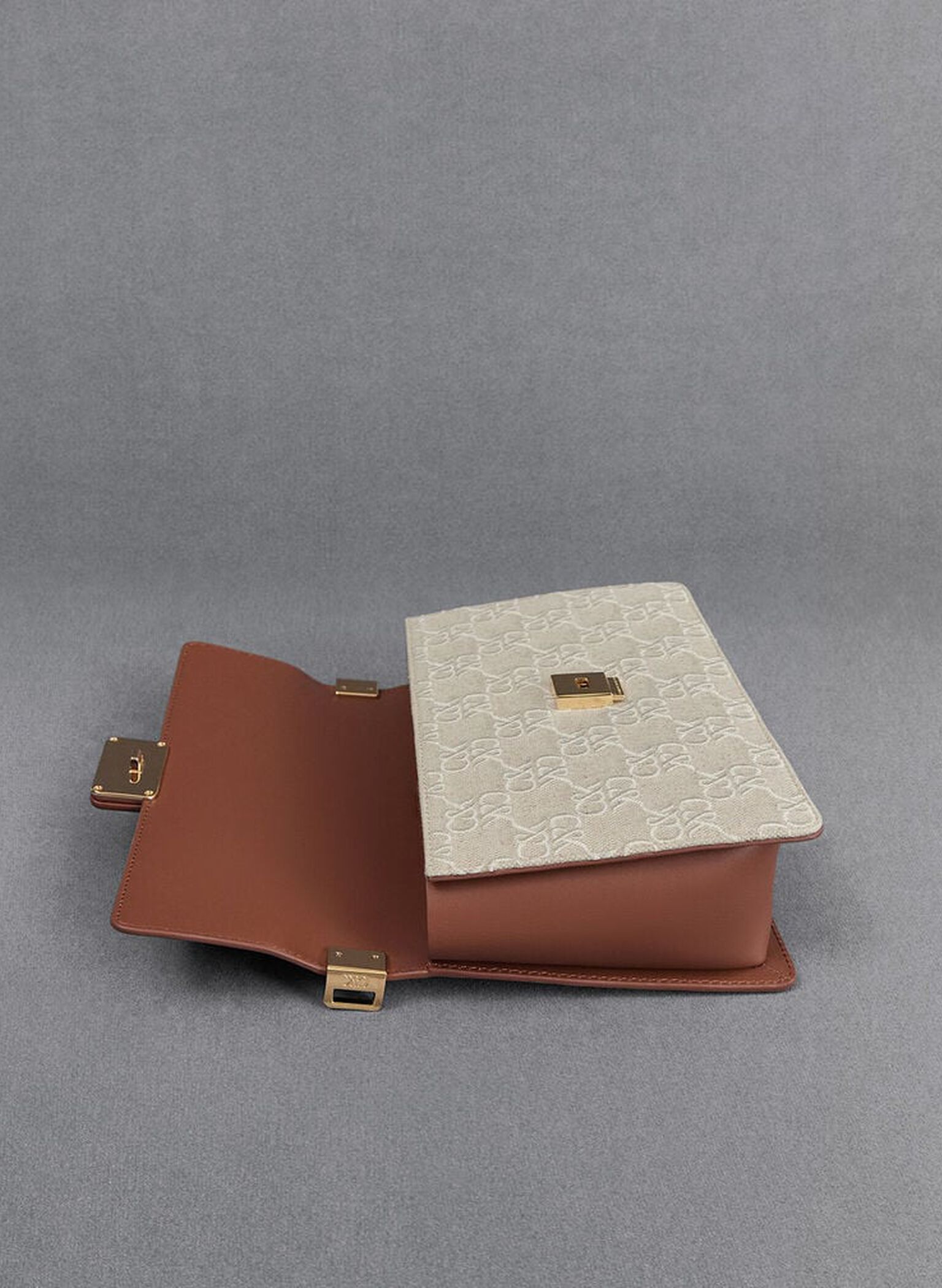 Leather & Canvas Two-Tone Shoulder Bag, Cognac, hi-res