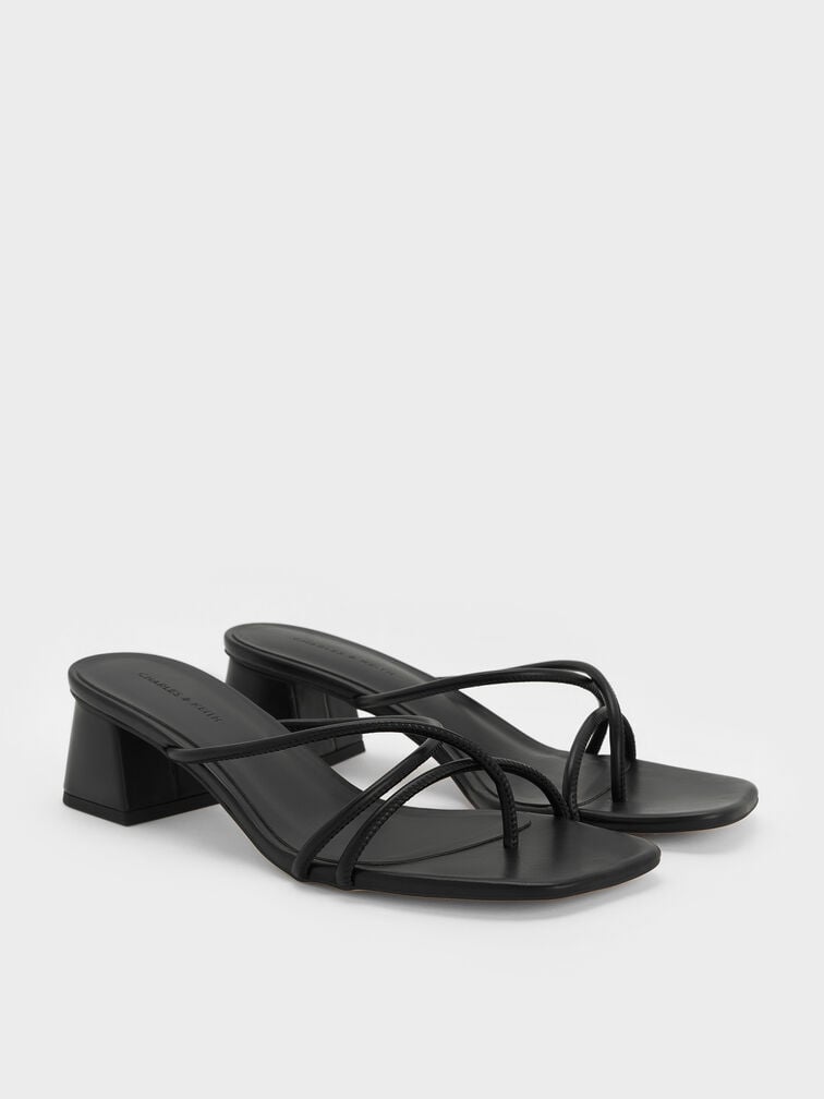 Strappy Toe-Ring Block-Heel Sandals, Black, hi-res