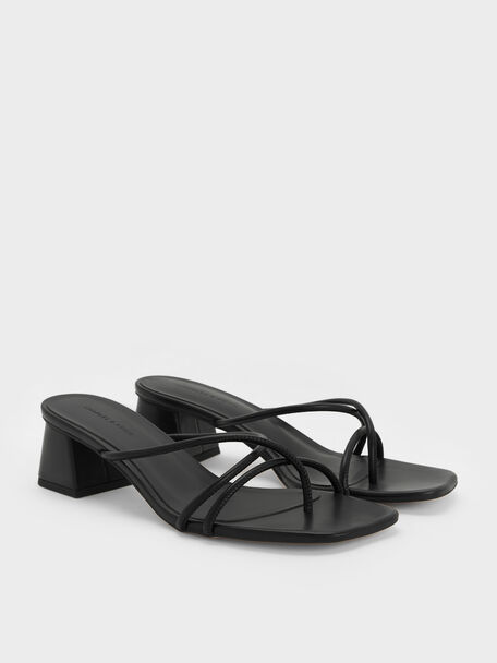 Strappy Toe-Ring Block-Heel Sandals, Black, hi-res