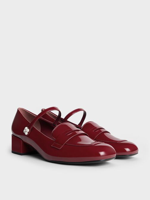 Mocasines de charol Mary Jane adornados con perlas con hebilla de flor, Granate, hi-res