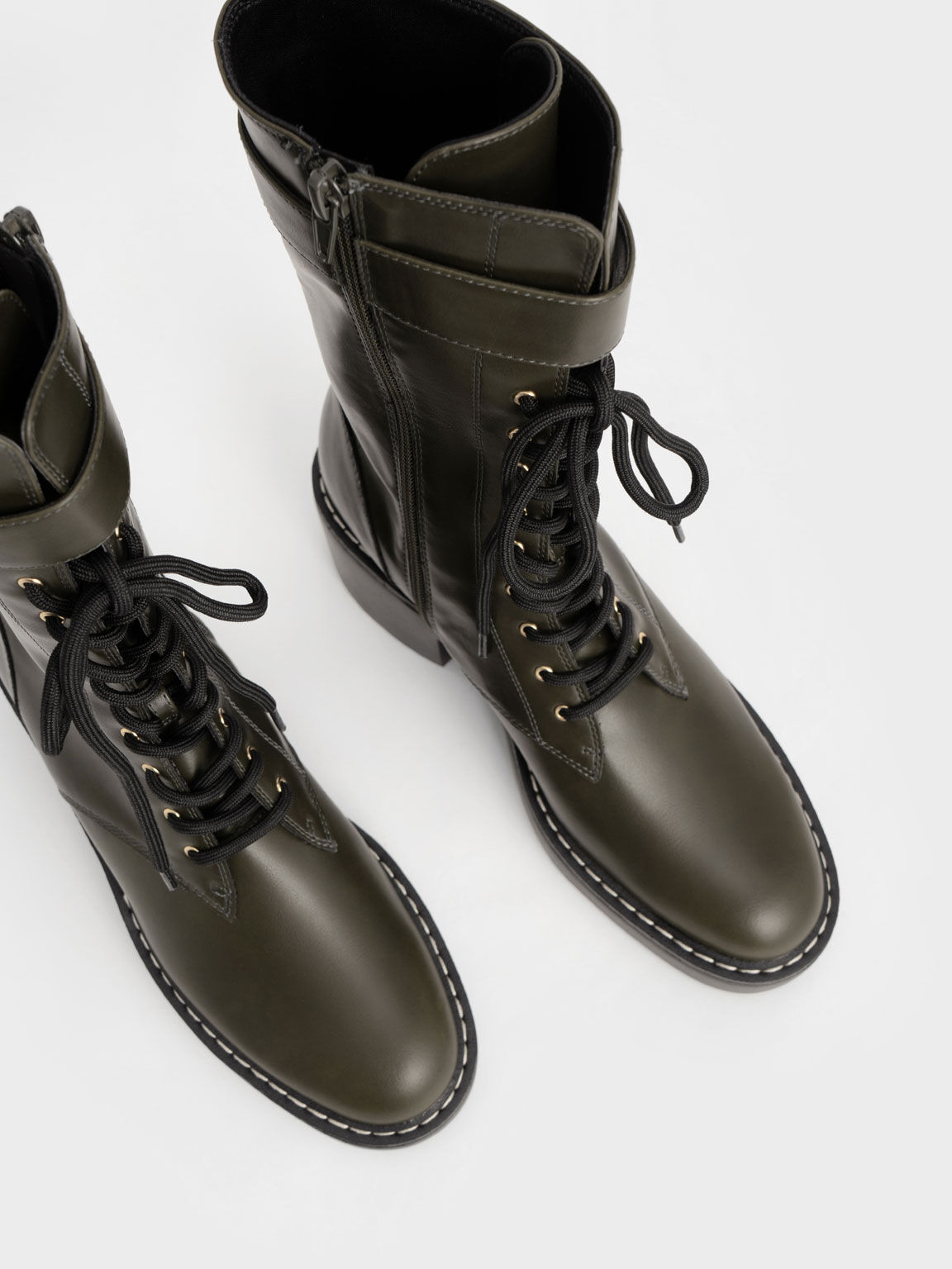 Buckled Lace-Up Platform Boots, Olive, hi-res