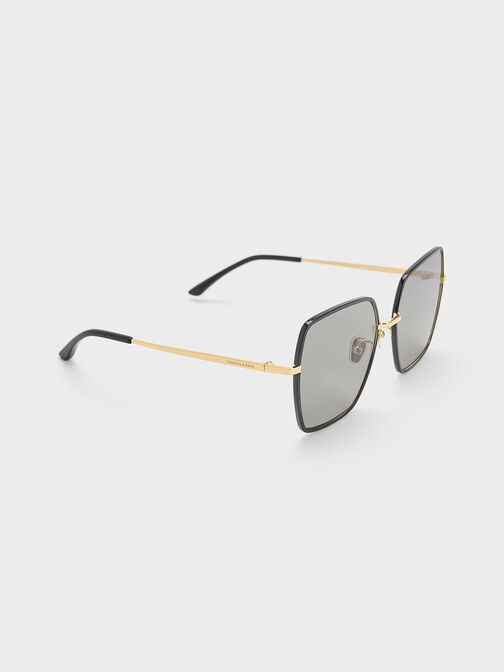 Recycled Acetate Thin-Rim Wide-Square Sunglasses, Black, hi-res