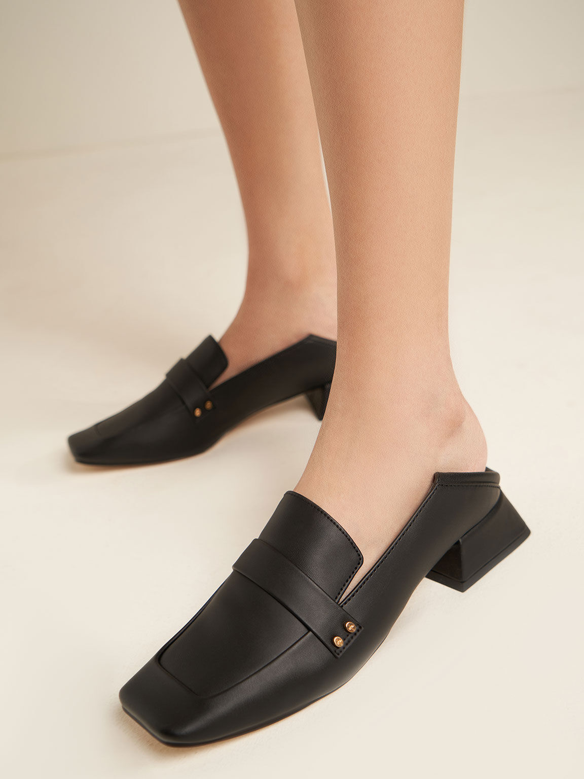 Square Toe Step-Back Penny Loafers - Black