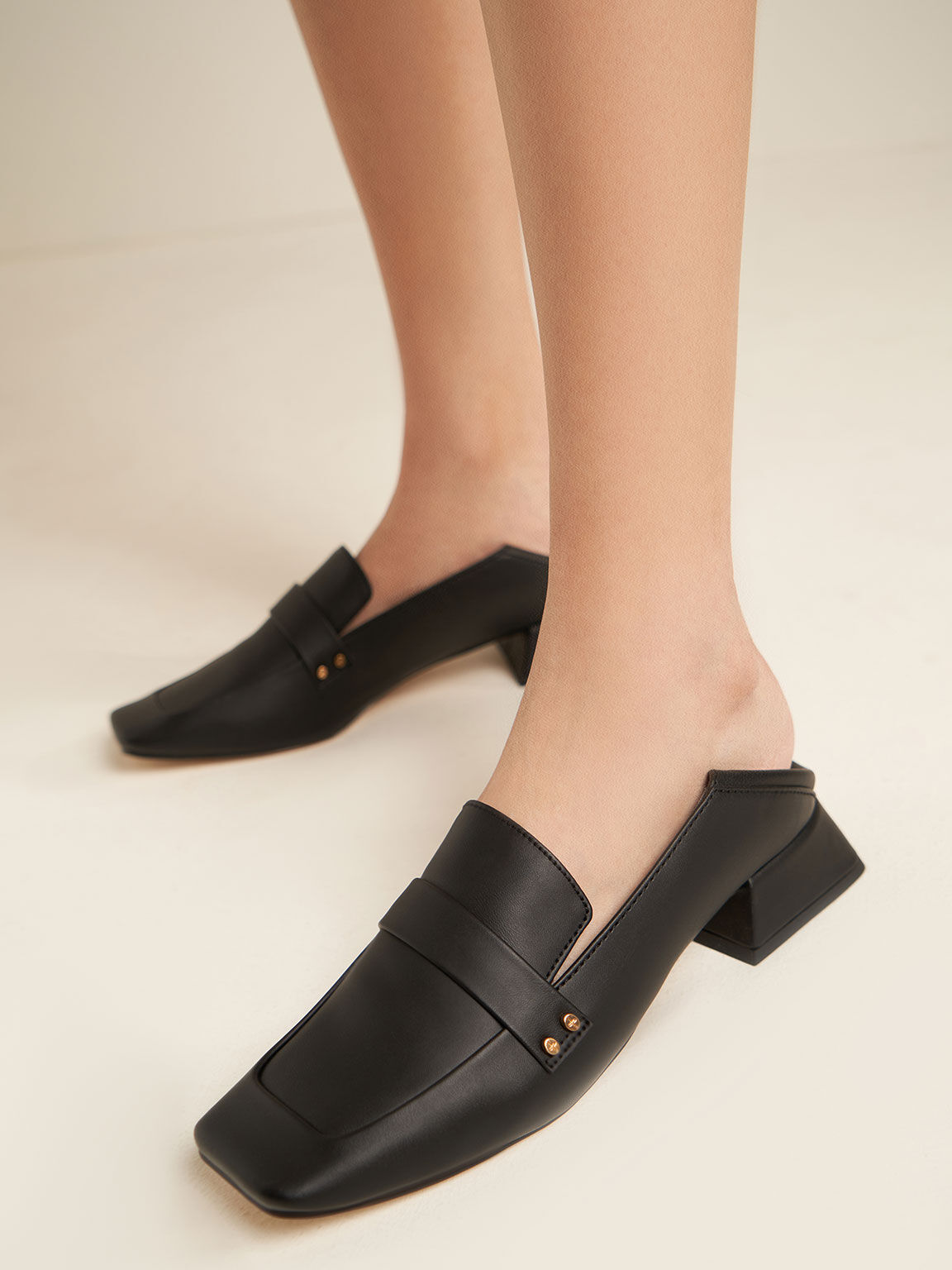 Square Toe Step-Back Penny Loafers, Black, hi-res