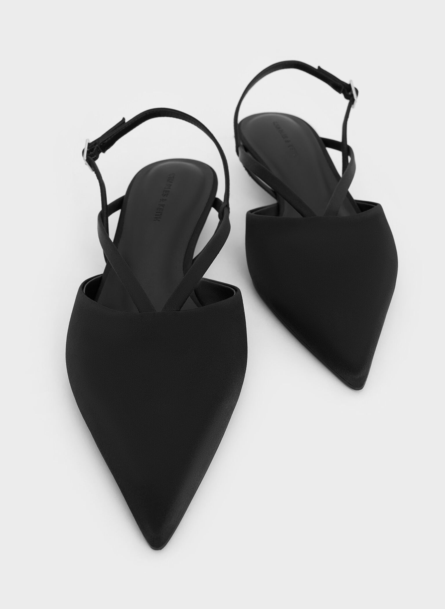 Satin V-Strap Pointed-Toe Slingback Kitten Heels, Black Textured, hi-res