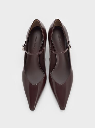 Pointed-Toe Stiletto-Heel Mary Jane Pumps, Maroon, hi-res