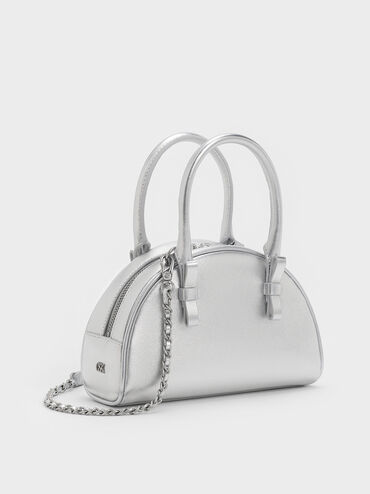 Satin Half-Moon Bowling Bag, Silver, hi-res