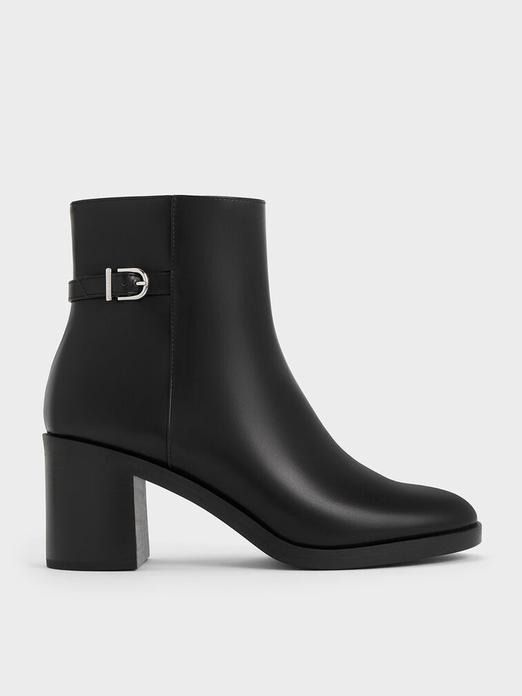 Black Side-Buckle Block Heel Ankle Boots - CHARLES & KEITH SG