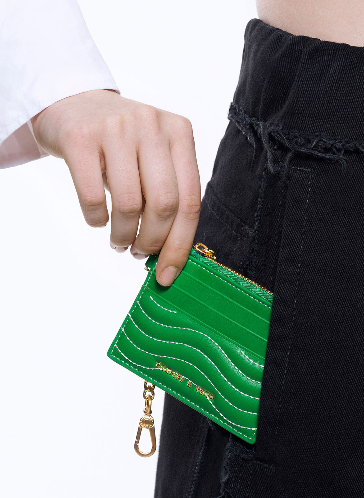Aubrielle Stitch-Trim Zip Card Holder, Green, hi-res