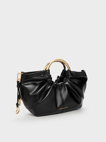 Bolsa tote com al&ccedil;a de metal Ciara franzida, Preto, hi-res