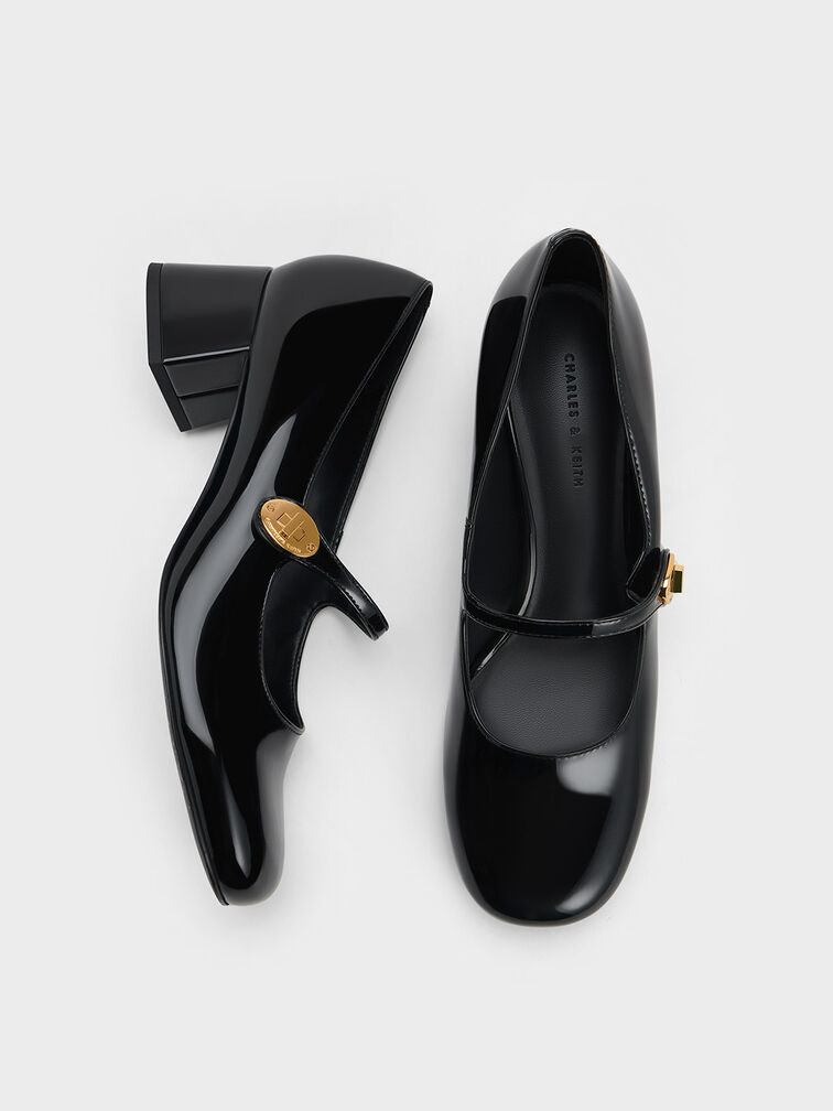 Hettie Patent Metallic-Buckle Block-Heel Mary Janes, Black Patent, hi-res