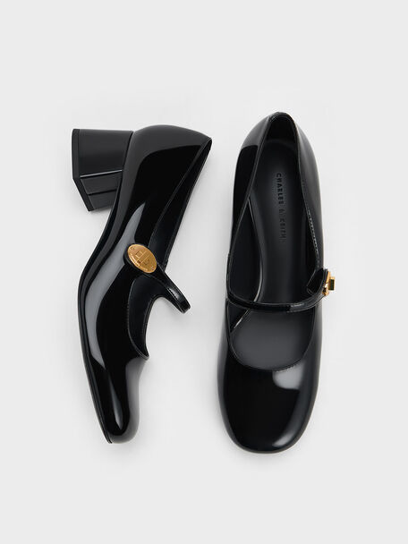 Patent Metallic-Buckle Block-Heel Mary Janes, Black Patent, hi-res