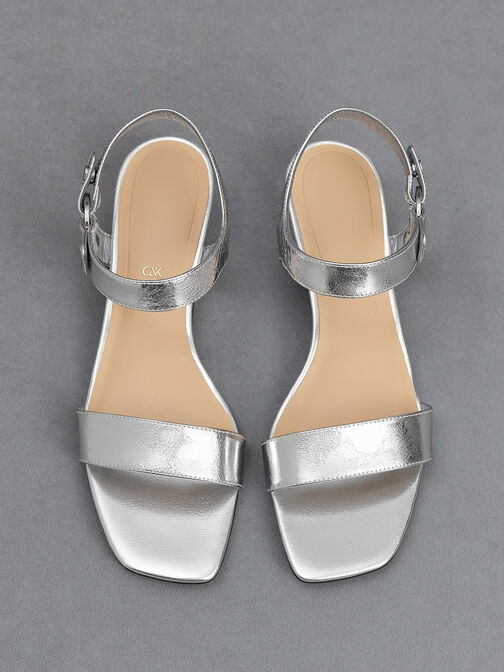Distressed Leather Ankle-Strap Sandals, Silver, hi-res
