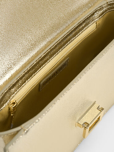 Bolso Everline con correa trenzada y purpurina, Dorado, hi-res