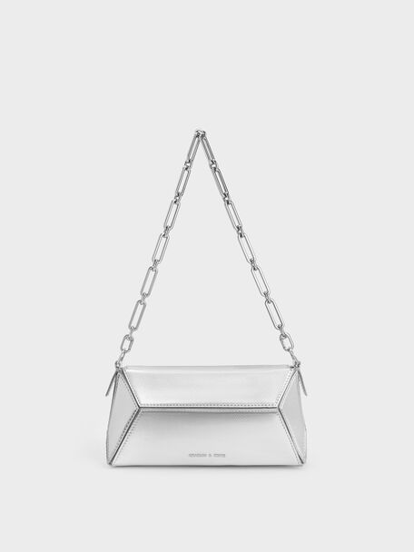 Nasrin Metallic Geometric Chain-Handle Shoulder Bag, Silver, hi-res
