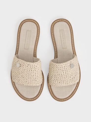 Raffia Woven Slide Sandals, Beige, hi-res