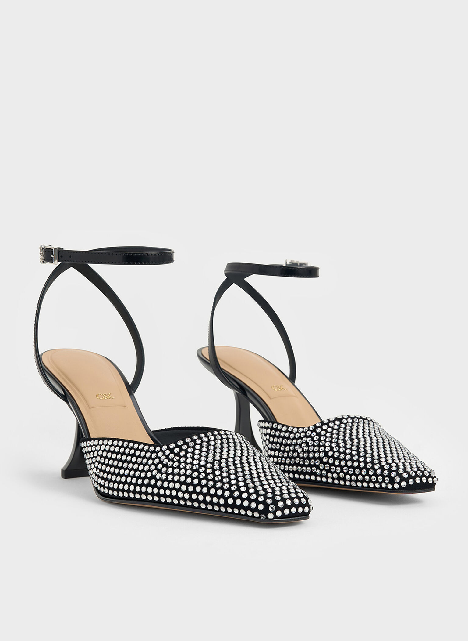 Leather & Suede Crystal-Embellished Sculptural-Heel Pumps, Black, hi-res