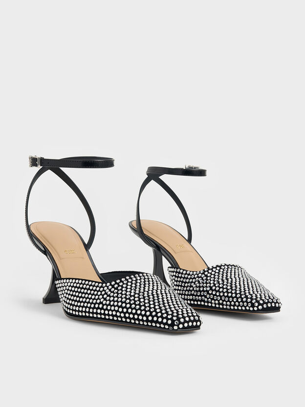 Leather & Suede Crystal Ankle-Strap Pumps, Black, hi-res