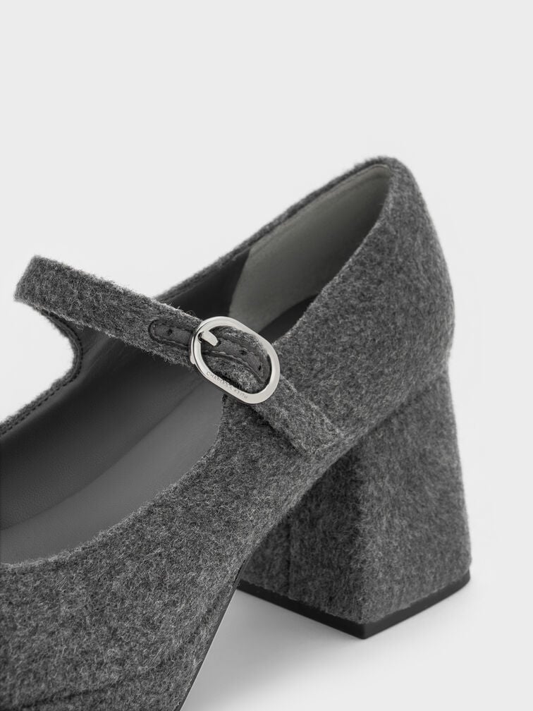 Felt Platform Block-Heel Mary Jane Pumps, Grey, hi-res
