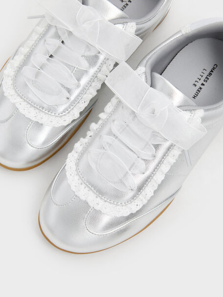 Girls' Metallic Lace-Trim Sneakers, Silver, hi-res