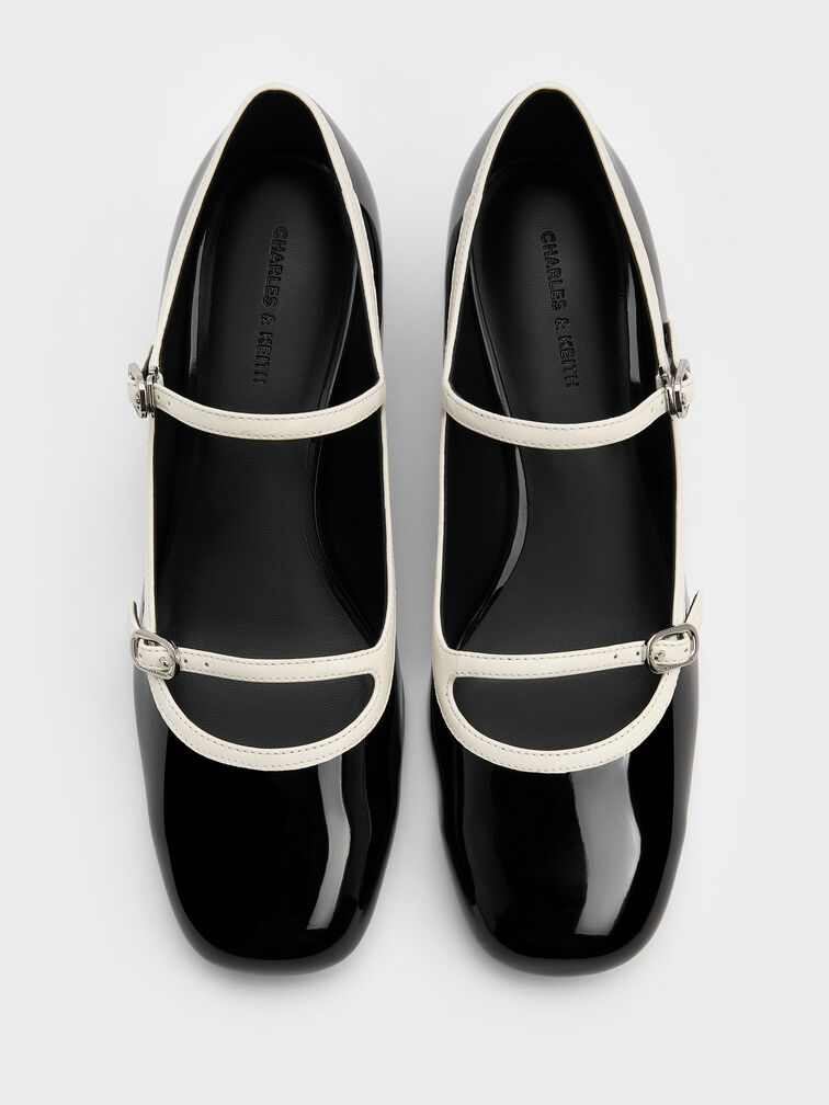 Patent Contrast-Trim Double-Strap Mary Jane Pumps, Black Patent, hi-res