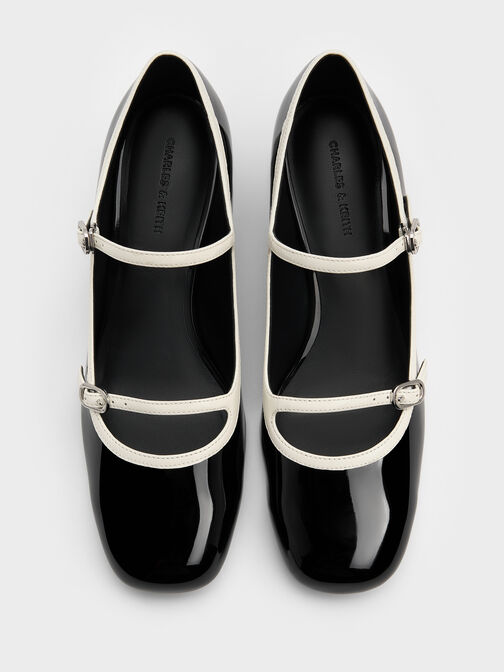 Patent Contrast-Trim Double-Strap Mary Jane Pumps, Black Patent, hi-res