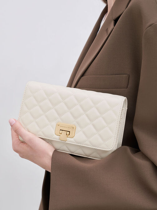 Quilted Push-Lock Clutch, Cream, hi-res