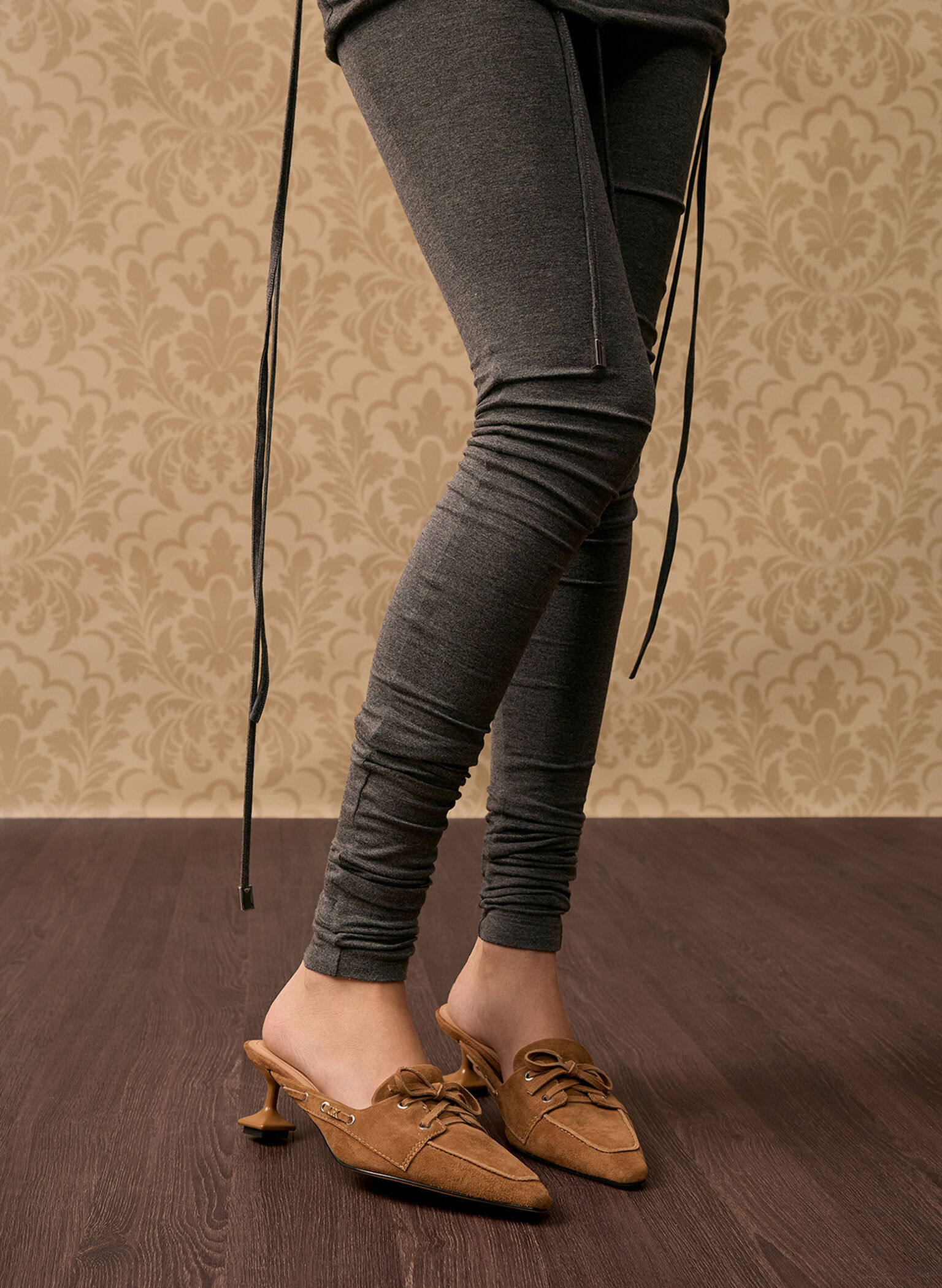 Kori Suede Lace-Up Sculptural-Heel Mules, Cognac, hi-res