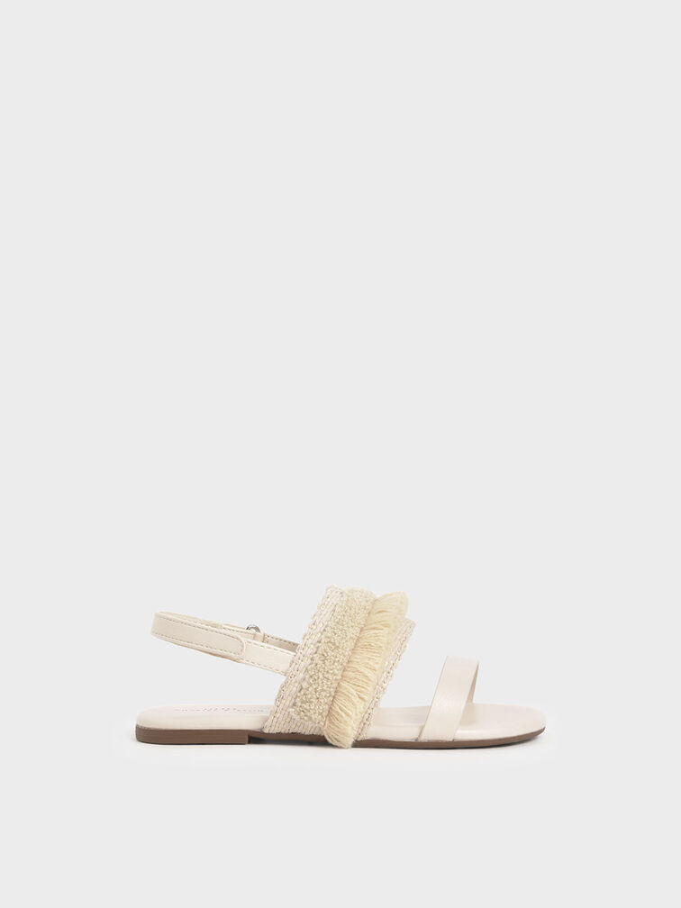 Girls&apos; Woven & Frill Strap Slingback Flats, Beige, hi-res