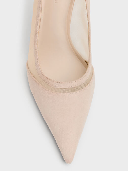 Faux Suede & Mesh Pointed Pumps, Beige, hi-res