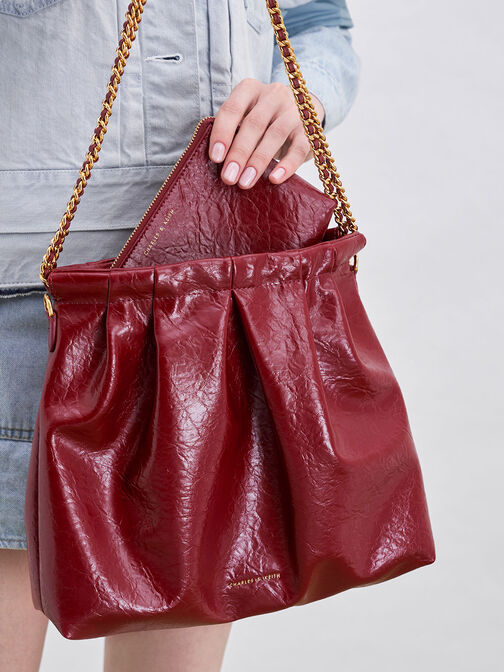 Duo Double Chain Hobo Bag, Burgundy, hi-res