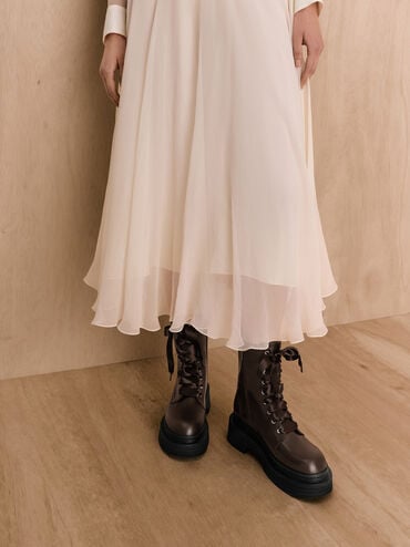 Satin-Lace Platform Combat Boots, Dark Brown, hi-res