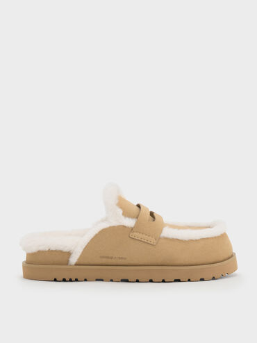 Recycled-Fur Flatform Mules, Sand, hi-res