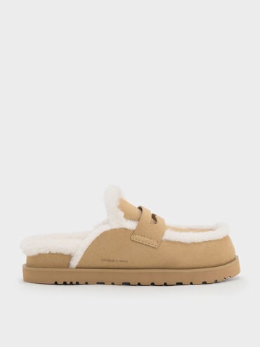 Recycled-Fur Flatform Mules, Sand, hi-res