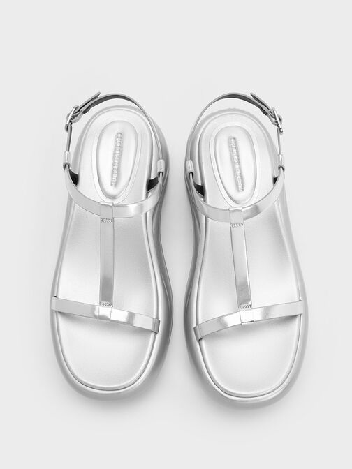 Metallic T-Bar Curved Platform Sports Sandals, Silver, hi-res