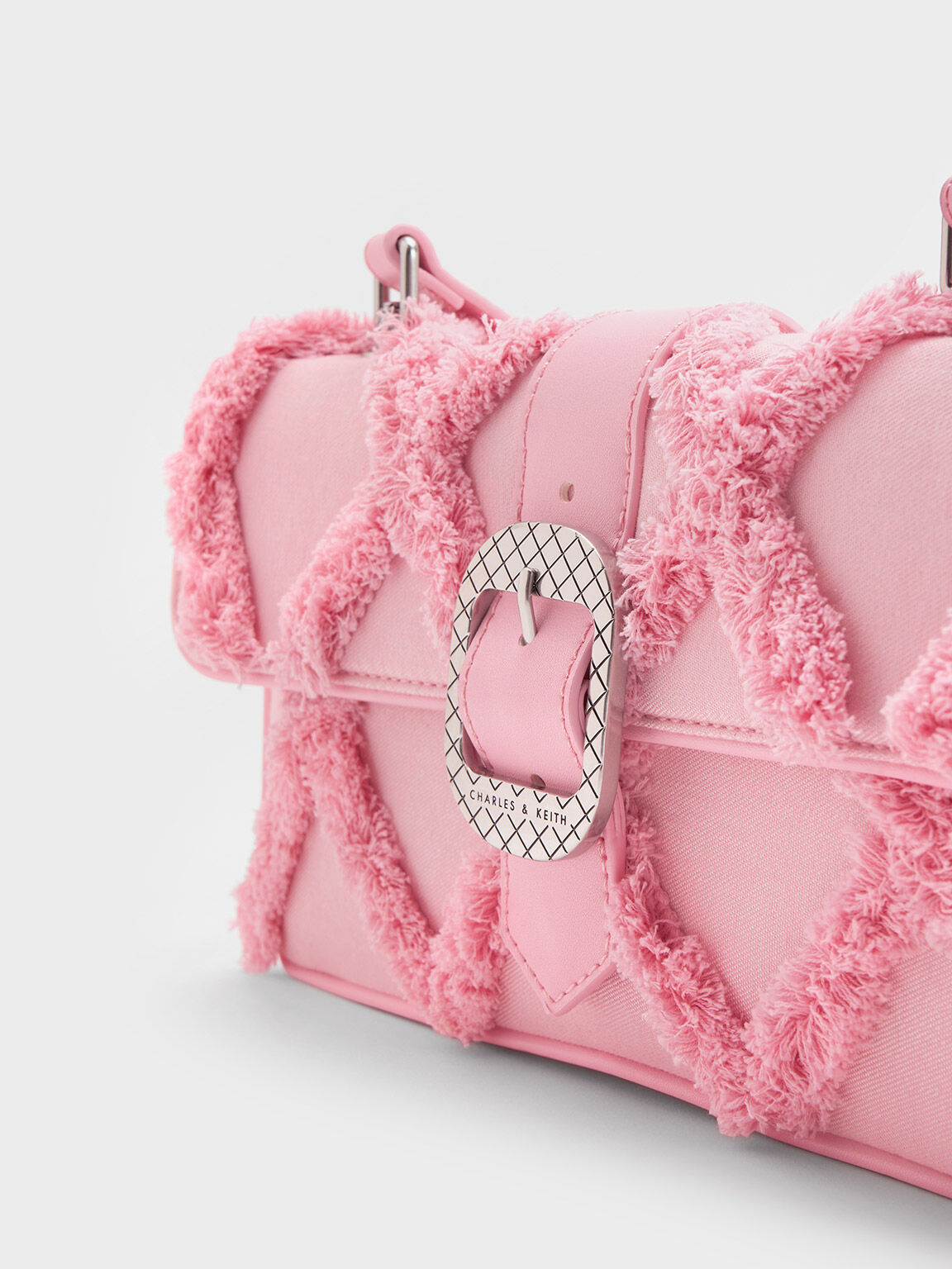 Eilith Frayed Denim Buckled Bag, Pink, hi-res