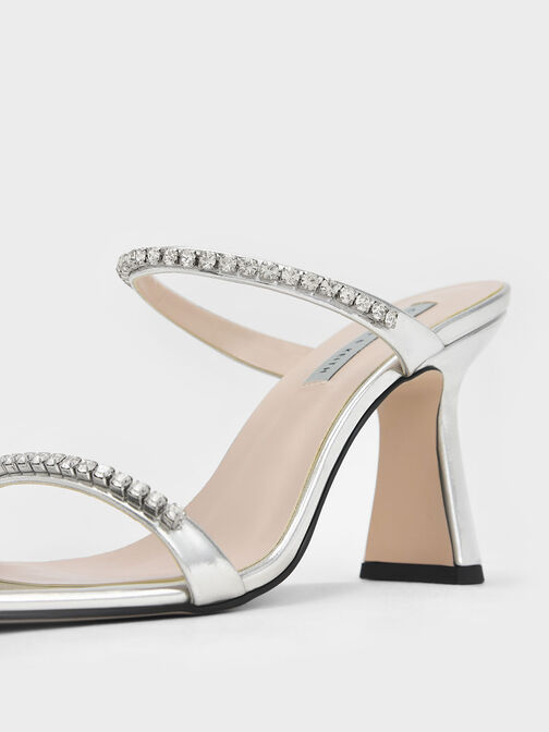 Metallic Gem-Encrusted Heeled Sandals, Silver, hi-res