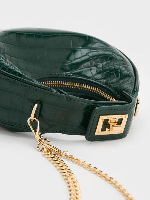 Mini Croc-Effect Moon Bag, Dark Green, hi-res