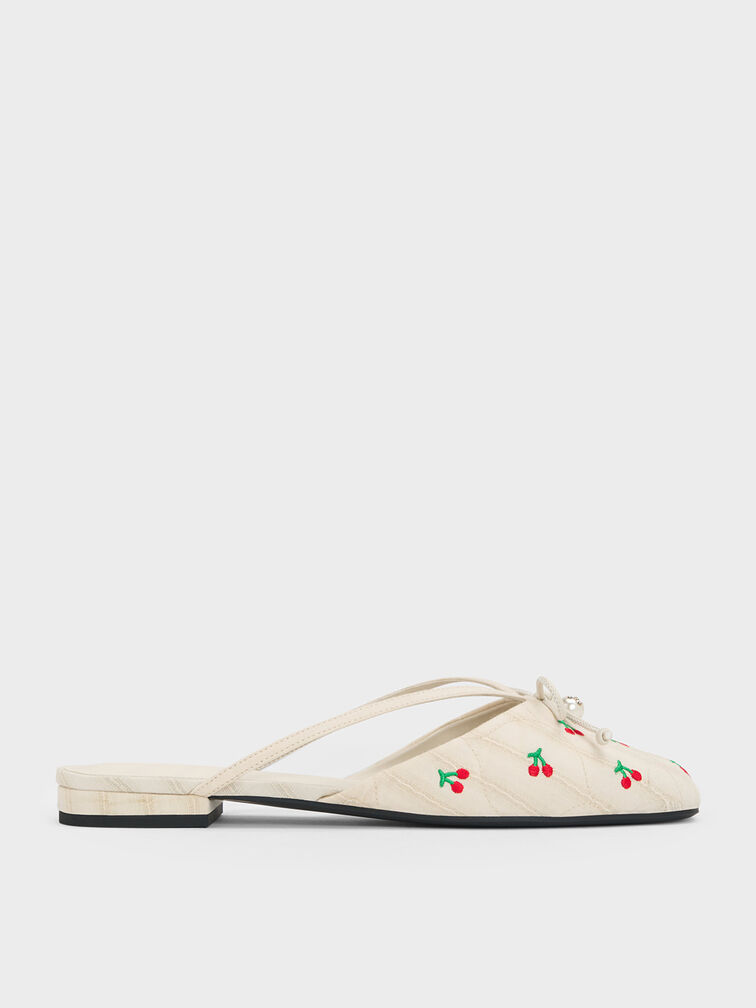 Cherry-Print Pearl-Accent Bow Flat Mules, Multi, hi-res