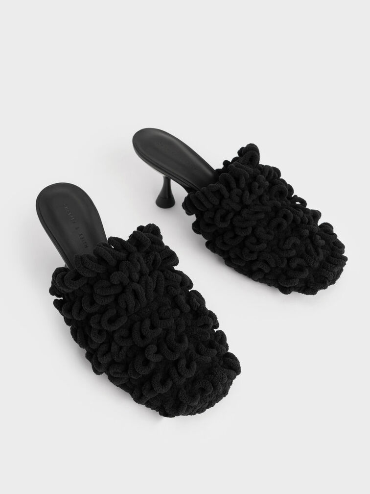 Textured Spool Heel Mules, Black, hi-res