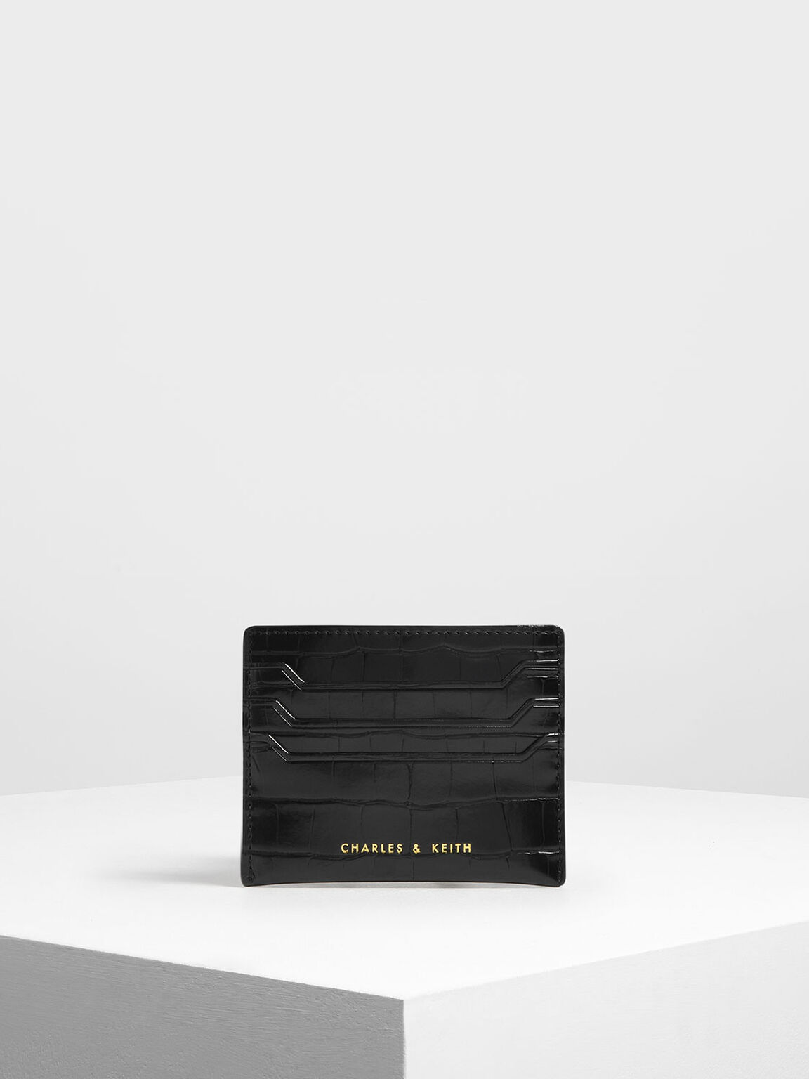 Croc-Effect Card Holder, Black, hi-res